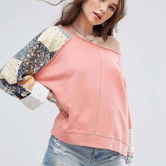 Free People Suns Out Off Shoulder Pullover Patchwork Block Print Sweatshirt XS - Picture 13 of 16